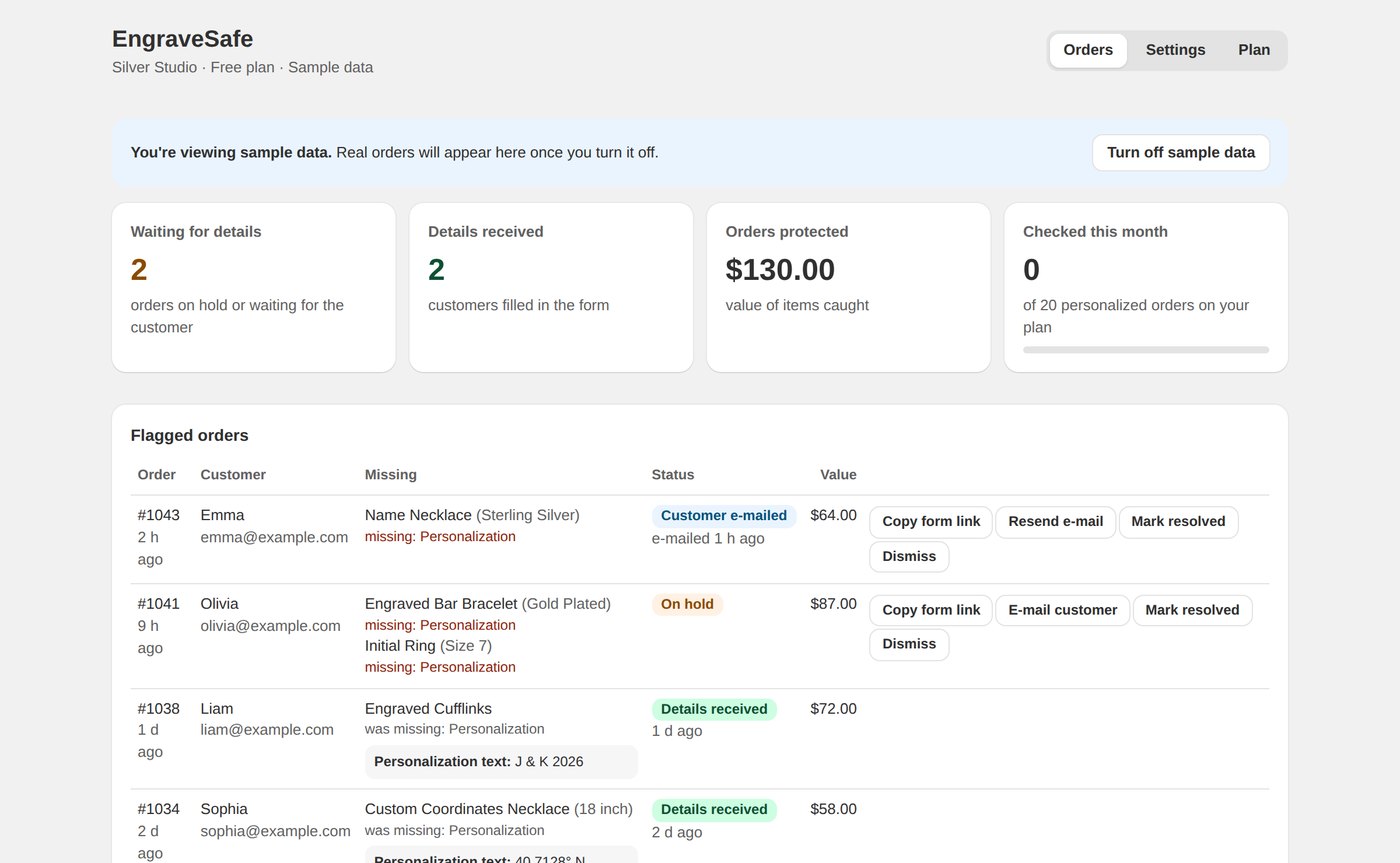 EngraveSafe dashboard